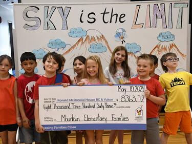Grade 2 students from Mountain Elementary School hold the cheque showing how much was raised for Ronald McDonald House BC and Yukon.